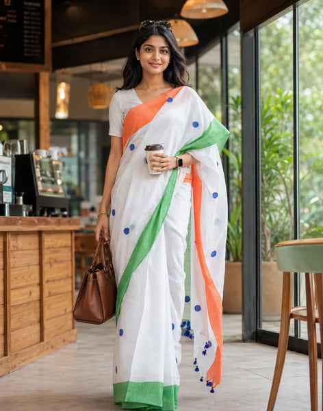 Women's Tri Color Handloom Pure Cotton Saree With Blouse Piece – Orange, White, Green (Independence Day Special)