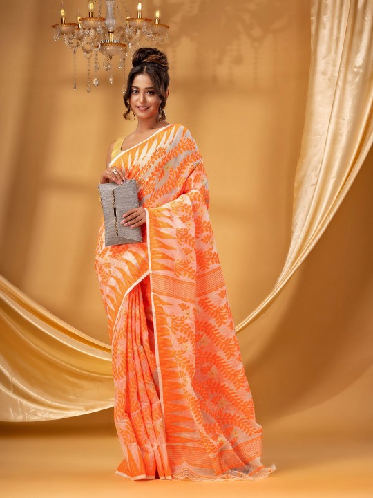 Exquisite DESH BIDESH Pure Cotton Jamdani Saree: Handwoven Elegance with Intricate Design