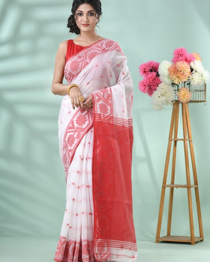 Exquisite White & Red Handloom Saree: Floral Woven Design, Cotton Blend for Women