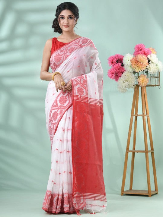 Exquisite White & Red Handloom Saree: Floral Woven Design, Cotton Blend for Women