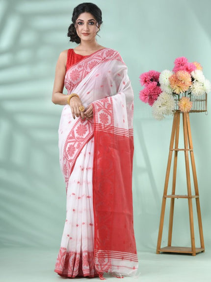 Exquisite White & Red Handloom Saree: Floral Woven Design, Cotton Blend for Women