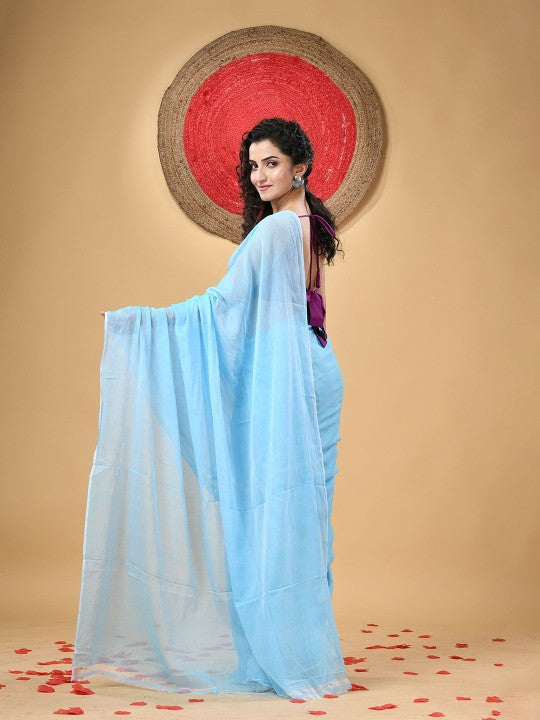 DESH BIDESH Pure Cotton Saree: Elegant, Lightweight, Sky Blue Women's Traditional Indian Attire