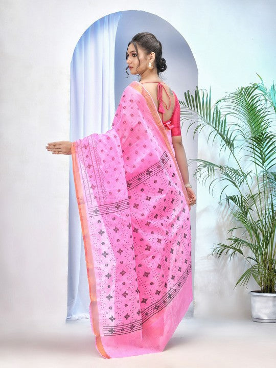 DESH BIDESH Ethnic Motifs Pure Cotton Taant Pink Saree