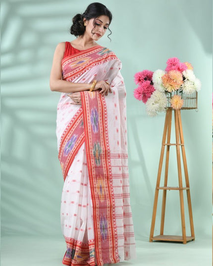 Exquisite White & Red Woven Pure Cotton Tant Saree with Intricate Border