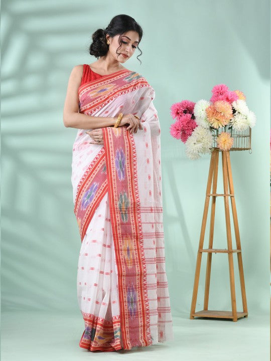 Exquisite White & Red Woven Pure Cotton Tant Saree with Intricate Border