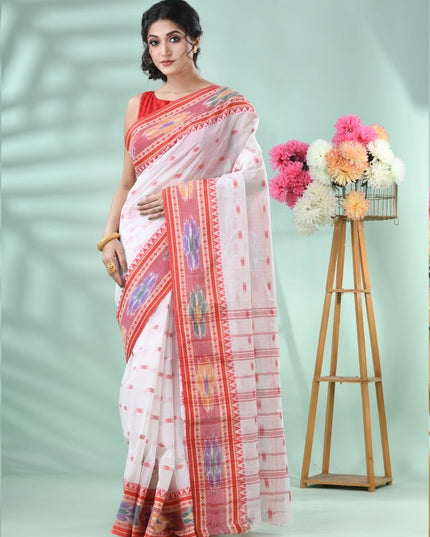 Exquisite White & Red Woven Pure Cotton Tant Saree with Intricate Border