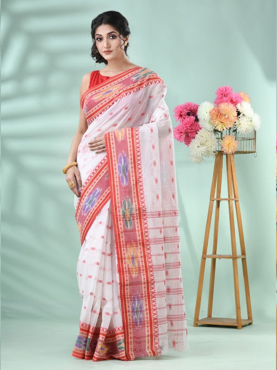Exquisite White & Red Woven Pure Cotton Tant Saree with Intricate Border