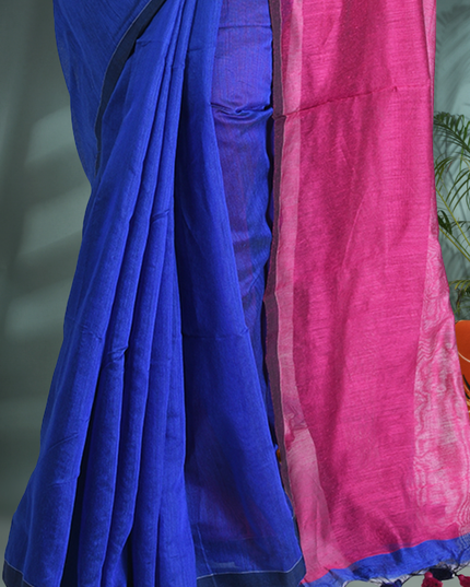 Half Half Ghicha Handloom Cotton Silk Tant Saree – Blue & Pink – With Blouse Piece