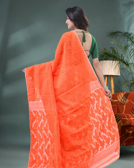 Women's Tri Color Pure Cotton Handloom Jamdani Saree (Orange White Green)