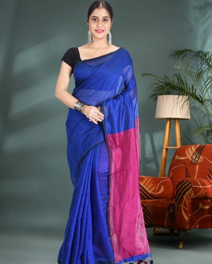 Half Half Ghicha Handloom Cotton Silk Tant Saree – Blue & Pink – With Blouse Piece