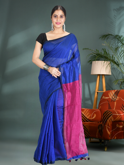 Half Half Ghicha Handloom Cotton Silk Tant Saree – Blue & Pink – With Blouse Piece