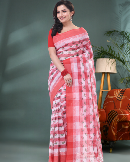 Women’s Bengal Tant Banphul Print Pure Handloom Cotton Saree – Without Blouse Piece