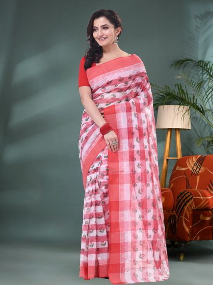 Women’s Bengal Tant Banphul Print Pure Handloom Cotton Saree – Without Blouse Piece