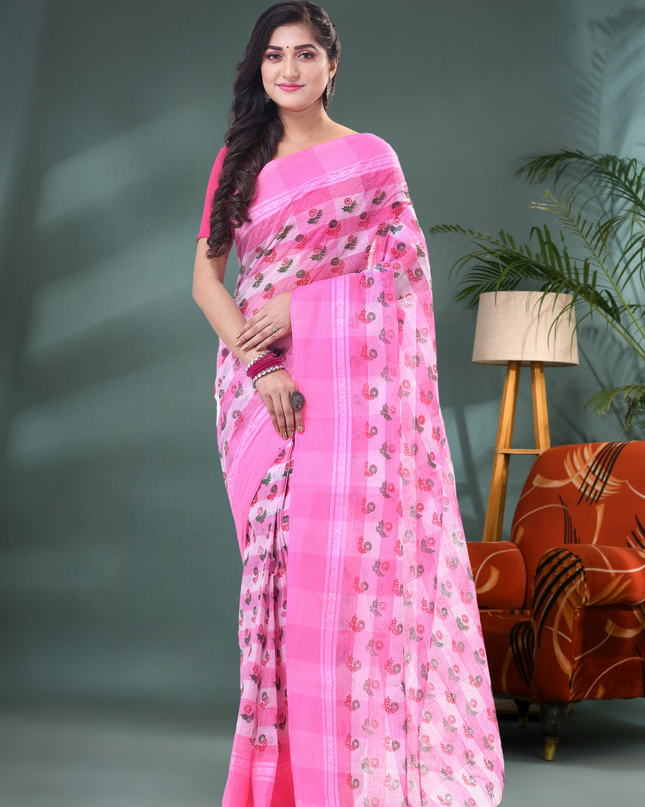 Women’s Bengal Tant Banphul Print Pure Handloom Cotton Saree – Without Blouse Piece