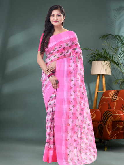 Women’s Bengal Tant Banphul Print Pure Handloom Cotton Saree – Without Blouse Piece