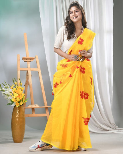 DESH BIDESH Floral Embroidered Silk Cotton Saree with No Border