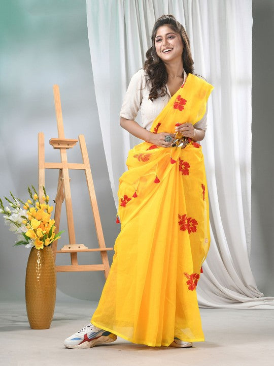 DESH BIDESH Floral Embroidered Silk Cotton Saree with No Border