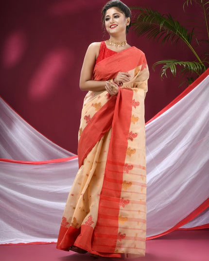 DESH BIDESH Beige & Red Woven Design Pure Cotton Saree