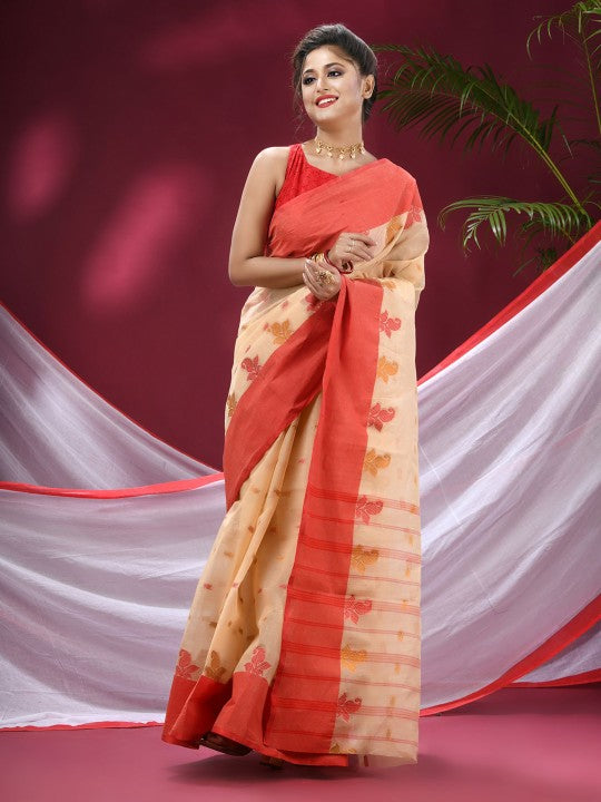 DESH BIDESH Beige & Red Woven Design Pure Cotton Saree