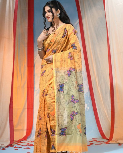 Exquisite Yellow and Blue Handloom Saree with Butterfly Print and Cotton Blend Fabric