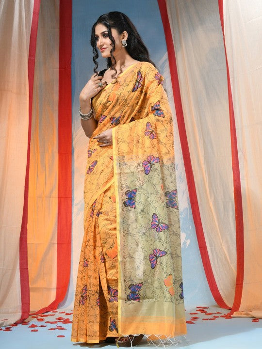 Exquisite Yellow and Blue Handloom Saree with Butterfly Print and Cotton Blend Fabric