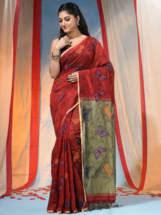 Exquisite Red & Green Floral Printed Saree with Cotton Blend Fabric