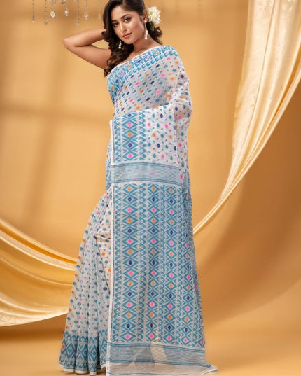 Exquisite Blue & White Woven Jamdani Pure Cotton Saree with Matching Blouse Piece