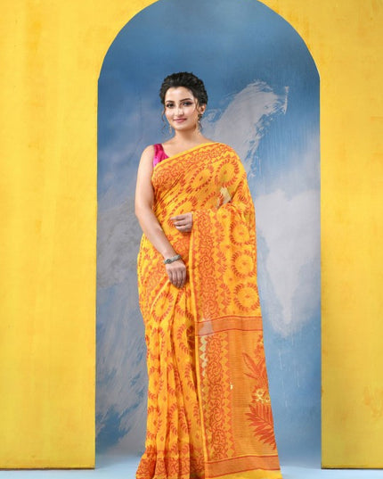 DESH BIDESH Yellow & Orange Ethnic Motifs Jamdani Cotton Blend Saree with Blouse Piece