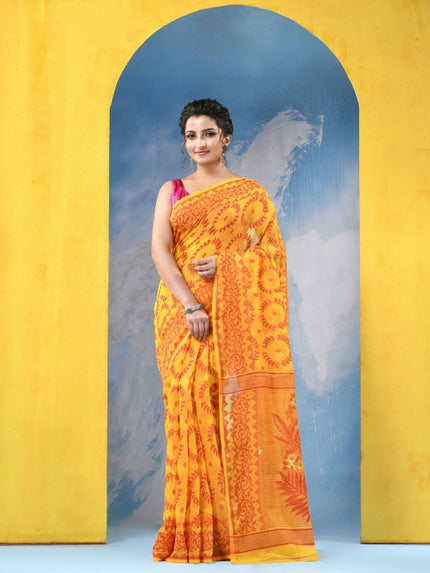 DESH BIDESH Yellow & Orange Ethnic Motifs Jamdani Cotton Blend Saree with Blouse Piece