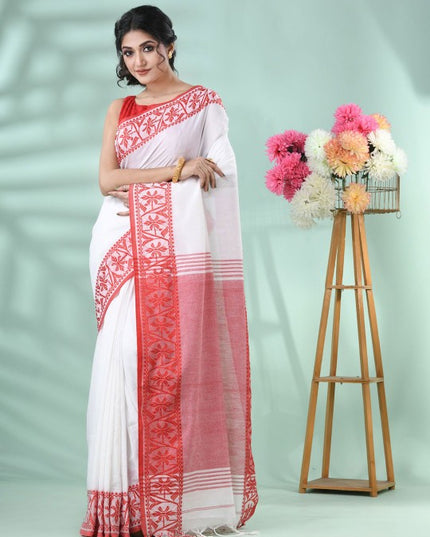 DESH BIDESH Women's White & Red Floral Handloom Saree with Printed Border