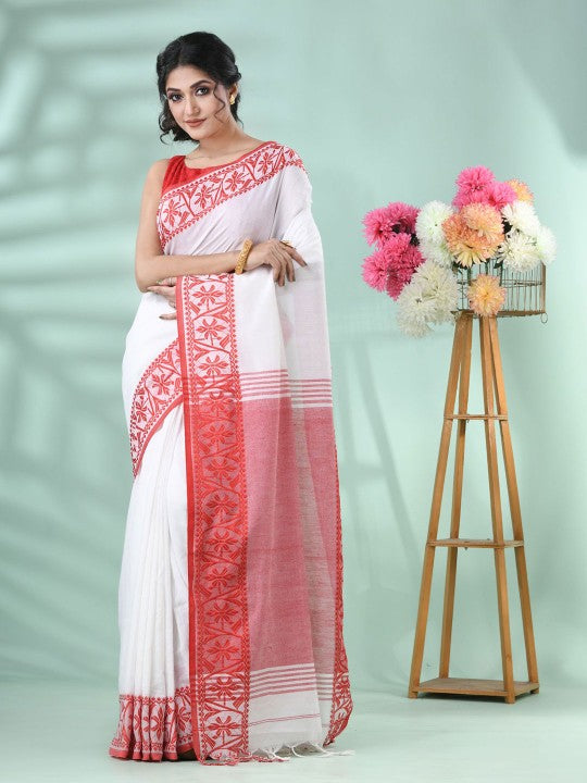 DESH BIDESH Women's White & Red Floral Handloom Saree with Printed Border