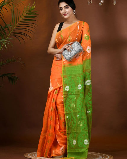 Exquisite Jamdani Cotton Blend Saree: Orange & Green Ethnic Motifs with Solid Border