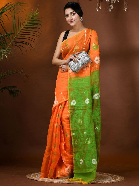 Exquisite Jamdani Cotton Blend Saree: Orange & Green Ethnic Motifs with Solid Border
