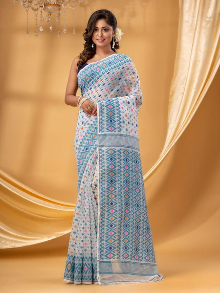 Exquisite Blue & White Woven Jamdani Pure Cotton Saree with Matching Blouse Piece