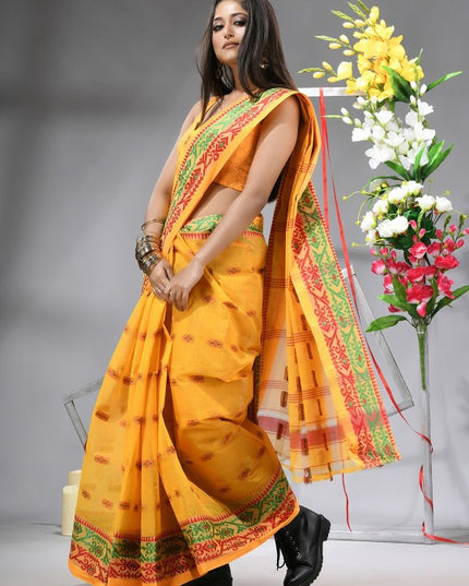 DESH BIDESH Yellow & Green Woven Design Zari Pure Cotton Saree