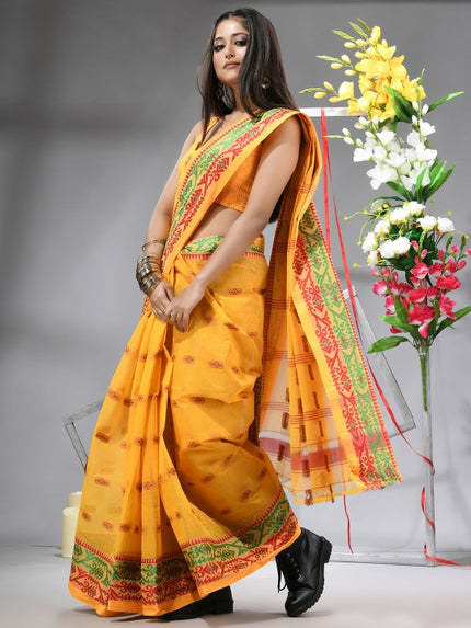 DESH BIDESH Yellow & Green Woven Design Zari Pure Cotton Saree