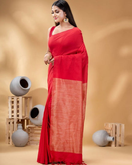 DESH BIDESH Elegant Red Pure Cotton Solid Saree with No Border