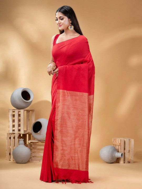 DESH BIDESH Elegant Red Pure Cotton Solid Saree with No Border