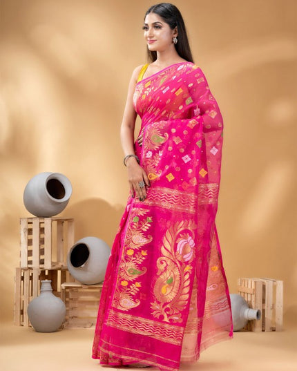 Exquisite Pink Gold-Toned Jamdani Saree with Woven Zari Design Border