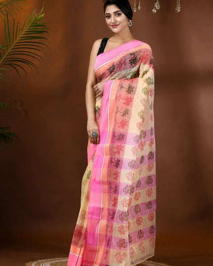DESH BIDESH Floral Printed Pure Cotton Block Print Saree with Woven Design Border