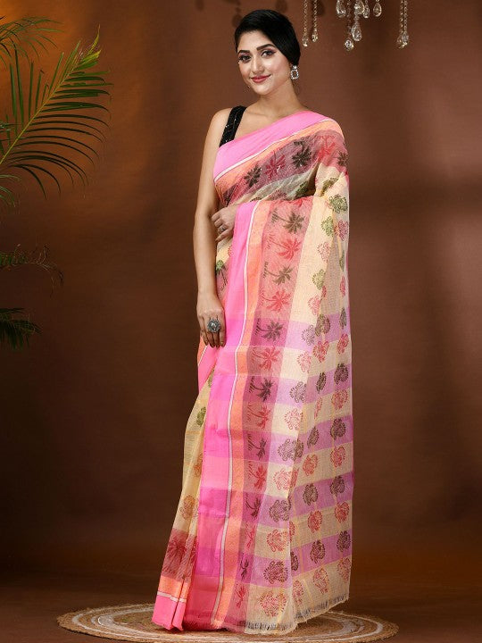 DESH BIDESH Floral Printed Pure Cotton Block Print Saree with Woven Design Border