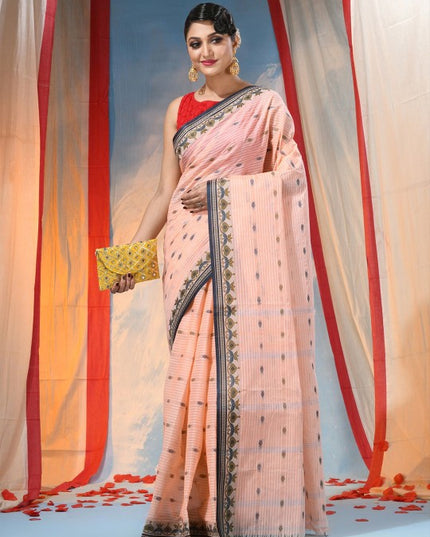 Exquisite Peach Pure Cotton Saree with Woven Border, Lightweight and Elegant