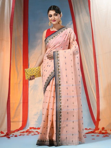 Exquisite Peach Pure Cotton Saree with Woven Border, Lightweight and Elegant