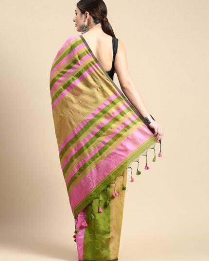 Exquisite Striped Silk Cotton Saree in Green and Pink with Solid Border
