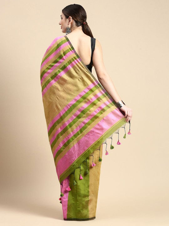 Exquisite Striped Silk Cotton Saree in Green and Pink with Solid Border