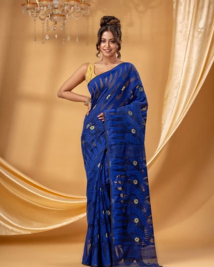 DESH BIDESH Women's Royal Blue Floral Jamdani Pure Cotton Saree with Woven Design