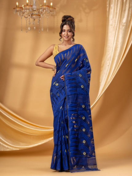 DESH BIDESH Women's Royal Blue Floral Jamdani Pure Cotton Saree with Woven Design