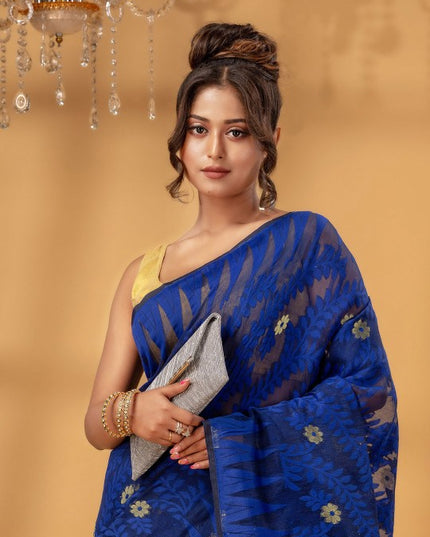 DESH BIDESH Women's Royal Blue Floral Jamdani Pure Cotton Saree with Woven Design