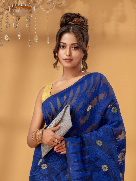 DESH BIDESH Women's Royal Blue Floral Jamdani Pure Cotton Saree with Woven Design