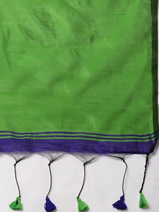 Exquisite Striped Silk Cotton Saree in Royal Blue and Lush Green
